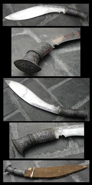 carved metal handle.  John Powell knife Heritage Knives Nepal Khukuri history and heritage. Image, photo, articles, book, research, antiques, reproduction, gurkha rifles, gorkha regiment, british army, indian military, nepal army, world war 1, 2. WW1, WW2, JP. kilatools. 19th and 20th century issue, traditional kothimora. Bushcraft, utility, camping, manufacturer, producer, retail, seller, export of high quality blades genuine authentic gurkha knife, antique viking himalayas. 