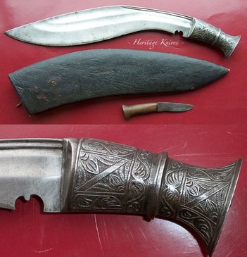 carved metal grips, gods and handle kukri, World war 1 WW 2 gurkha military khukuri. The Kukri by John Powell knife research book Heritage Knives Nepal Khukuri history and heritage. Article, Image, photo, articles, book, research, antiques, reproduction, gurkha rifles, gorkha regiment, british army, indian military, nepal army, world war 1, 2. WW1, WW2, JP. kilatools. 19th and 20th century issue, traditional kothimora. Bushcraft, utility, camping, manufacturer, producer, retail, seller, export of high quality blades genuine authentic gurkha knife, antique viking himalayas hillmen warrior soldier, hanshee, budhume, bhojpure, sirupate, style, design, pattern, kami, black smith.
